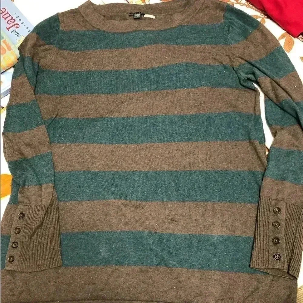 Lilla P Stripe Blue Gray/Brown Sweater button sleeves Size L